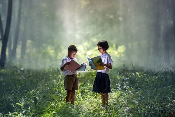 schools in goa two students studying a book in nature lap 