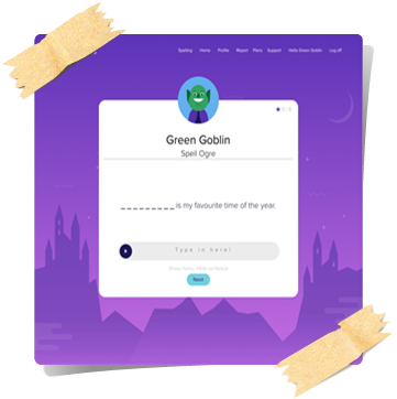 Spellwizards spelling learning app for students with fill in the blank question